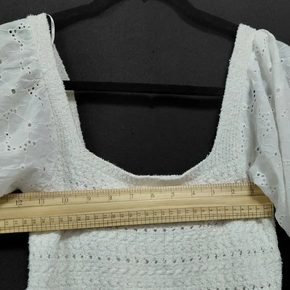 ZARA White Eyelet Puff Sleeve Top 3/4 Sleeve Square Neck Women Size S